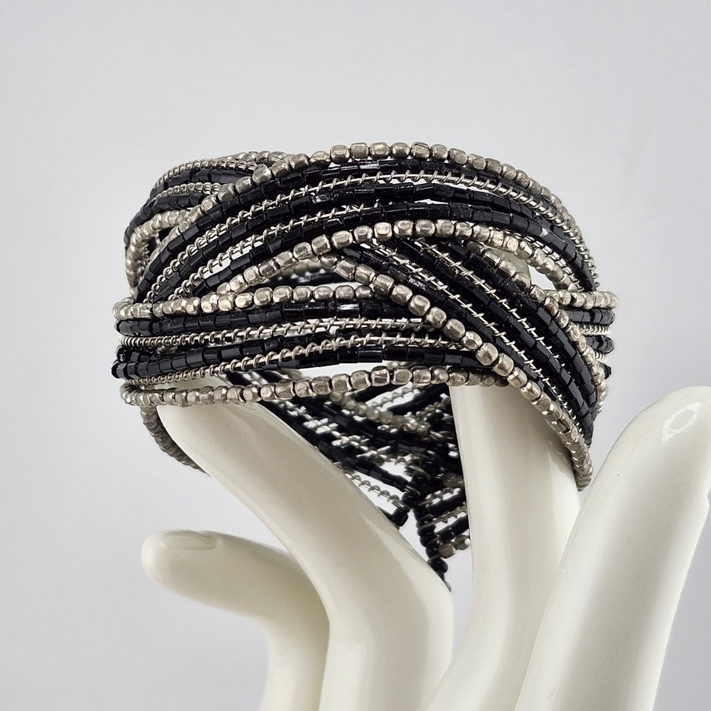 Black And Silver Tone Seed Bead Braided Cuff Bracelet